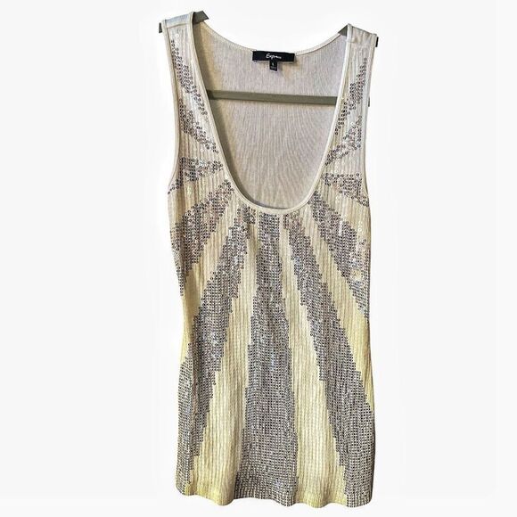 Express White Silver Sequin Sun Rays Tank Top Size Large EUC - Picture 1 of 5